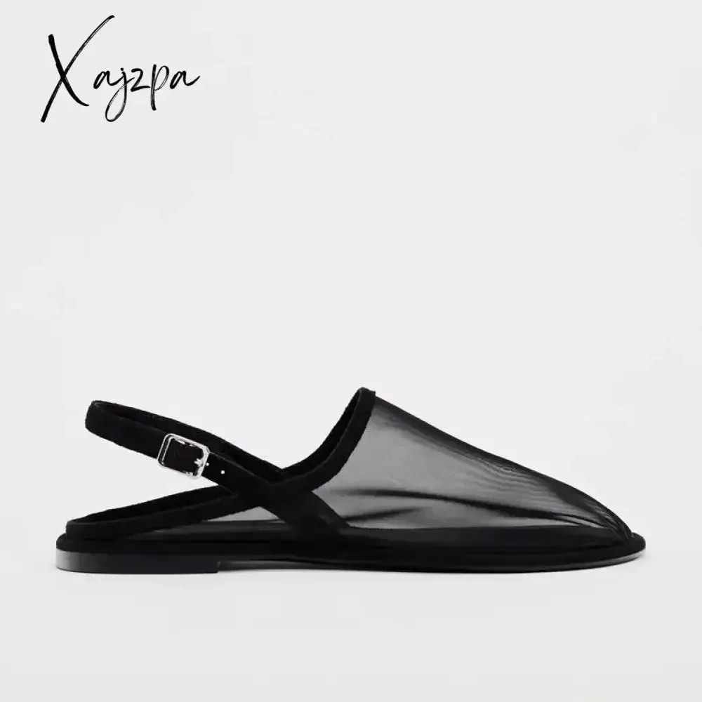 New Luxury Brand Designer Flat Sandals Women Fashion Back Trip Strap Sandalias Mesh Breathable Summer Casual Slides Mules Shoe