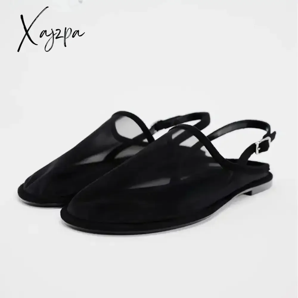 New Luxury Brand Designer Flat Sandals Women Fashion Back Trip Strap Sandalias Mesh Breathable Summer Casual Slides Mules Shoe