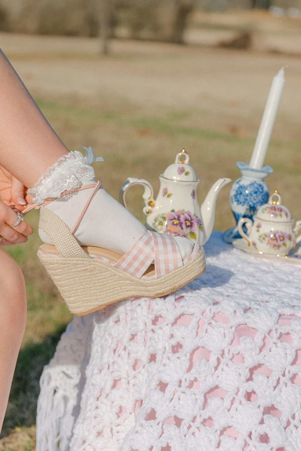 Pink Lace Up Espadrille Wedges