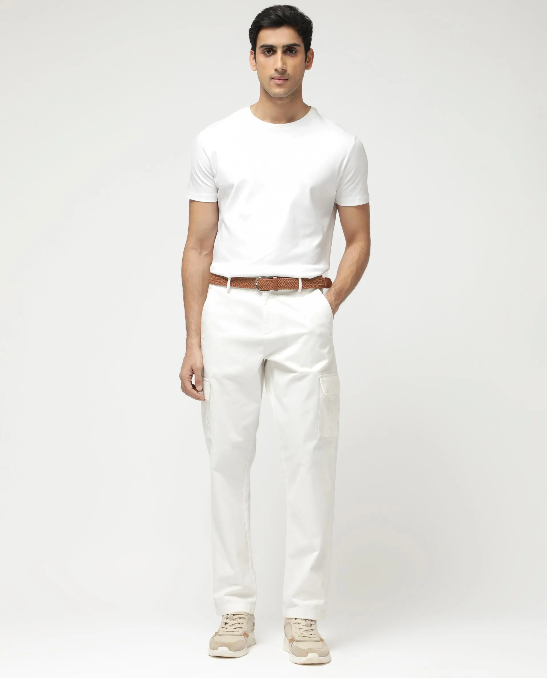 Rare Rabbit Mens Apex Light White Cotton Linen Solid Cargo Style Regular Fit Trouser