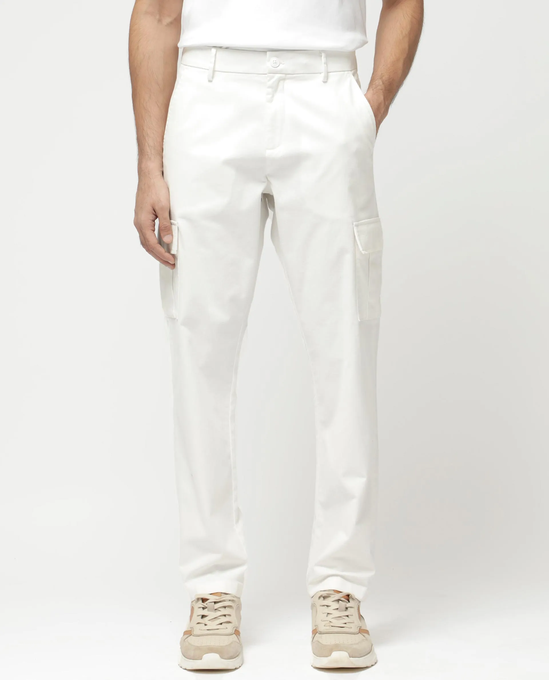 Rare Rabbit Mens Apex Light White Cotton Linen Solid Cargo Style Regular Fit Trouser