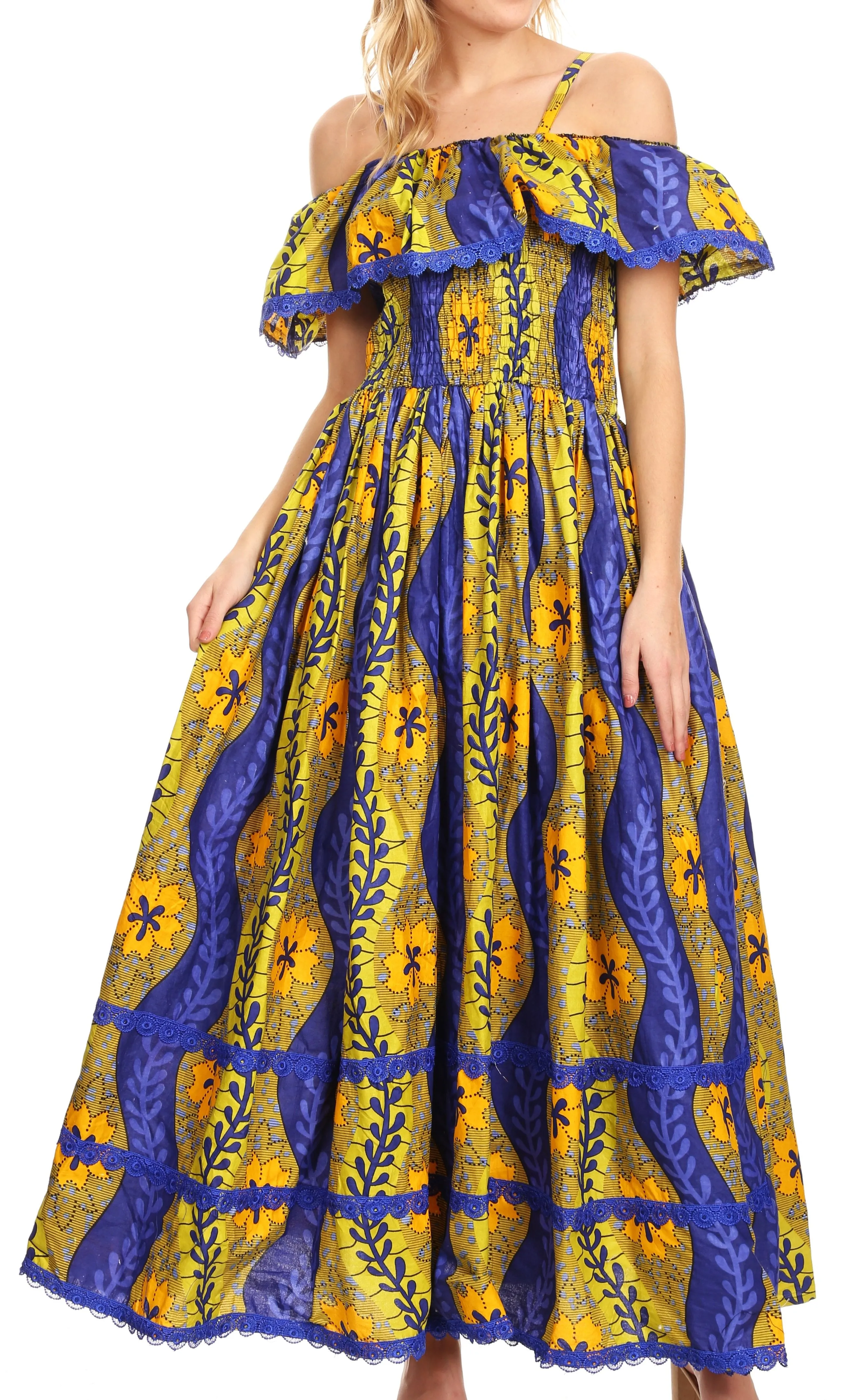 Sakkas Afua Women's Long Maxi African Ankara Wax Print with Overlay and Pockets