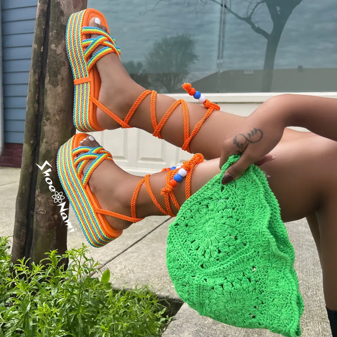 SANDRALYN Orange Multicolor Striped Rope Espadrille Sandals