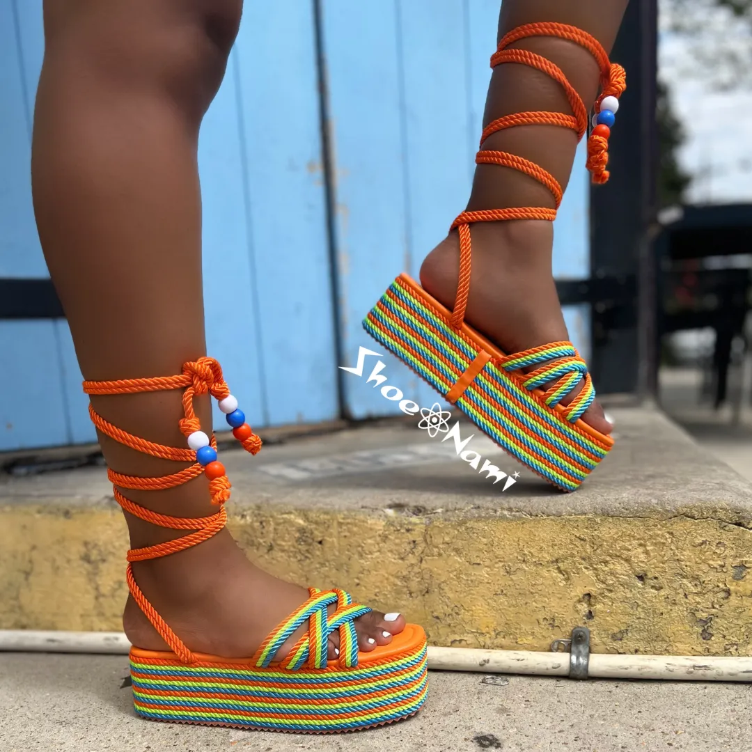 SANDRALYN Orange Multicolor Striped Rope Espadrille Sandals