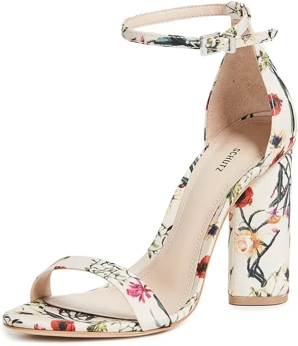 Schutz Jeannine Block Heel Sandals Multi Natural Flower Print Ankle Strap Pumps