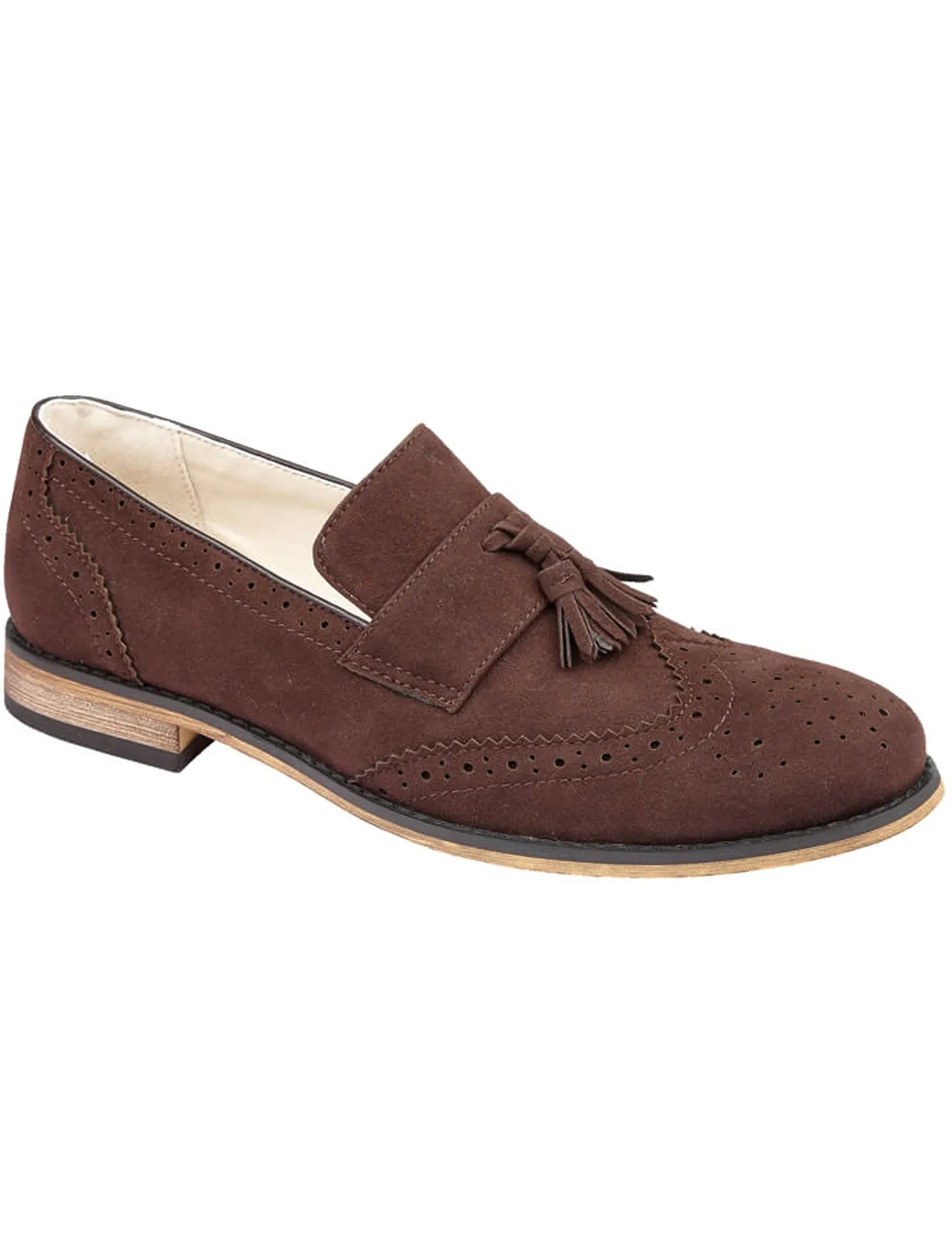 Seville Suede Brogue Loafers with Tassel Detail in Dark Brown