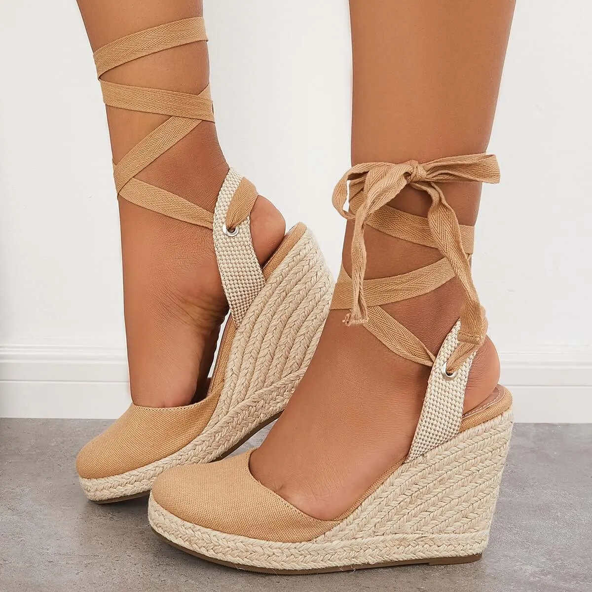 Sohiwoo Women Lace up Espadrille Wedges Platform Heel Singback Sandals