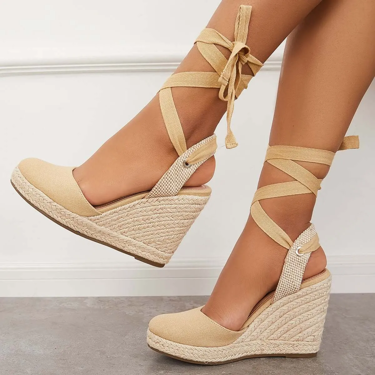 Sohiwoo Women Lace up Espadrille Wedges Platform Heel Singback Sandals