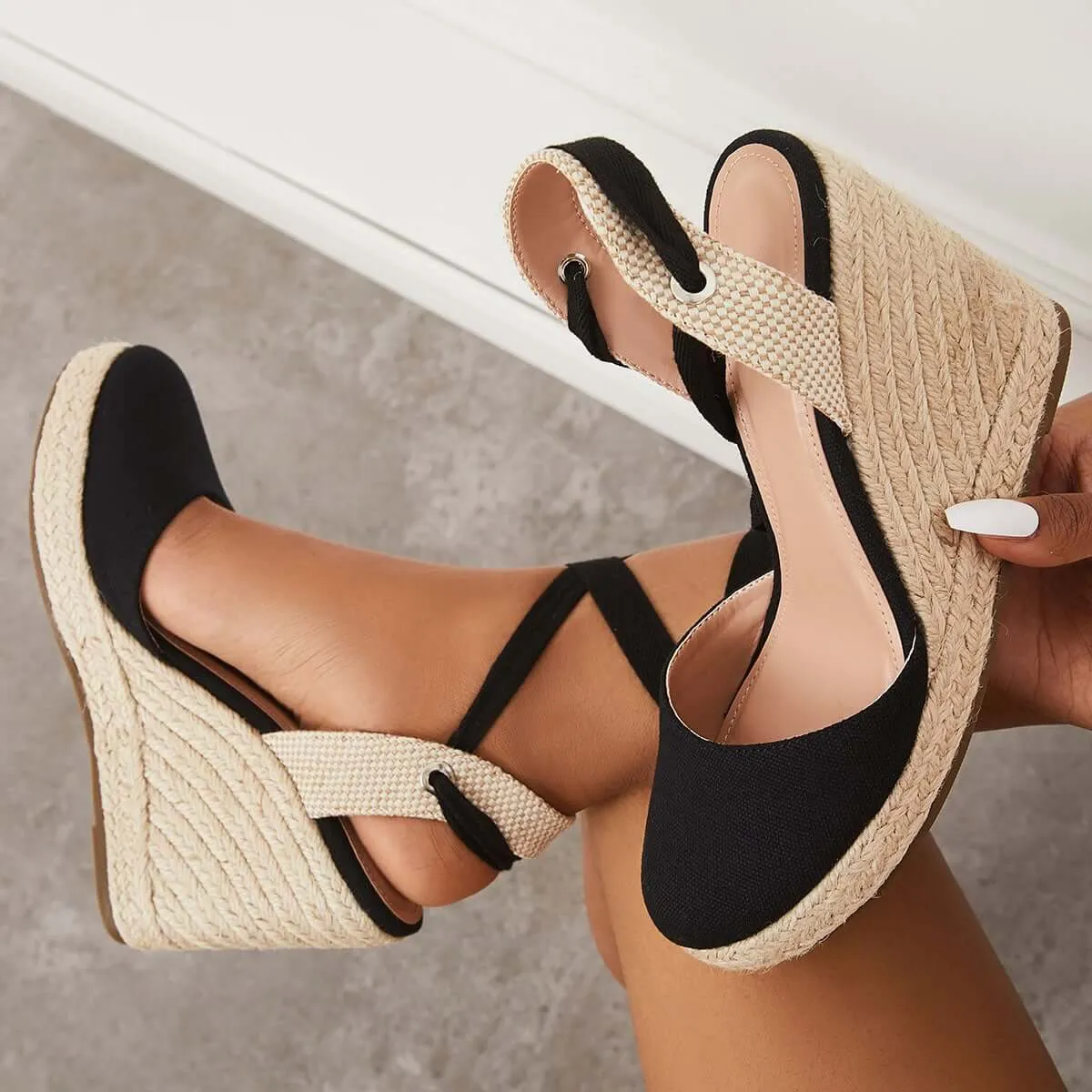 Sohiwoo Women Lace up Espadrille Wedges Platform Heel Singback Sandals