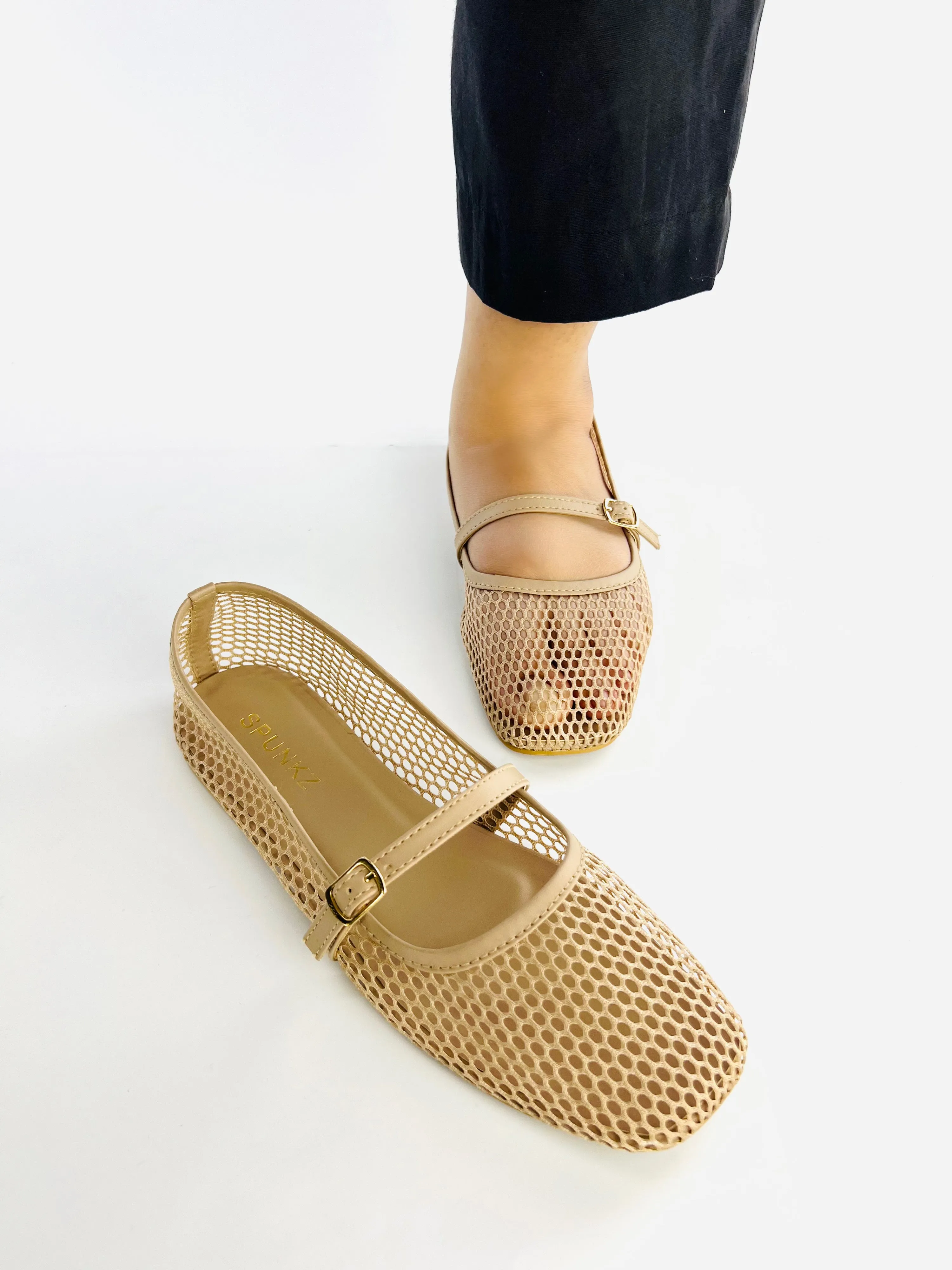 Spunkz Nude Fishnet Ballet Flat Pumps