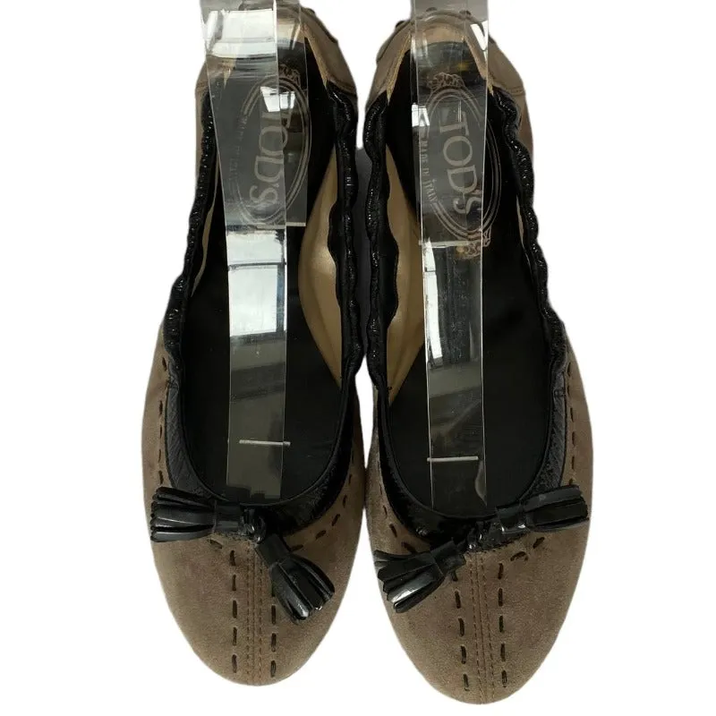 TOD’S Brown Suede, Black Patent Trim &Tassels Driving Ballet Flats, Size 37