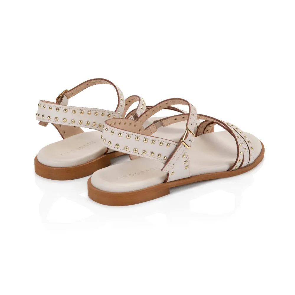 Valentina: Ivory Leather Studded Strappy Sandals