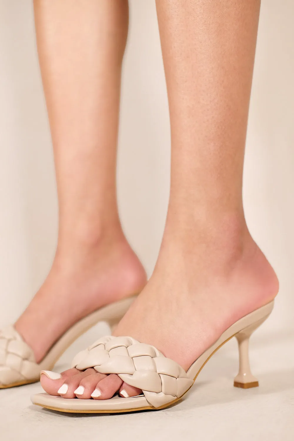 VALENTINA PLAITED STRAP HEELS IN NUDE FAUX LEATHER