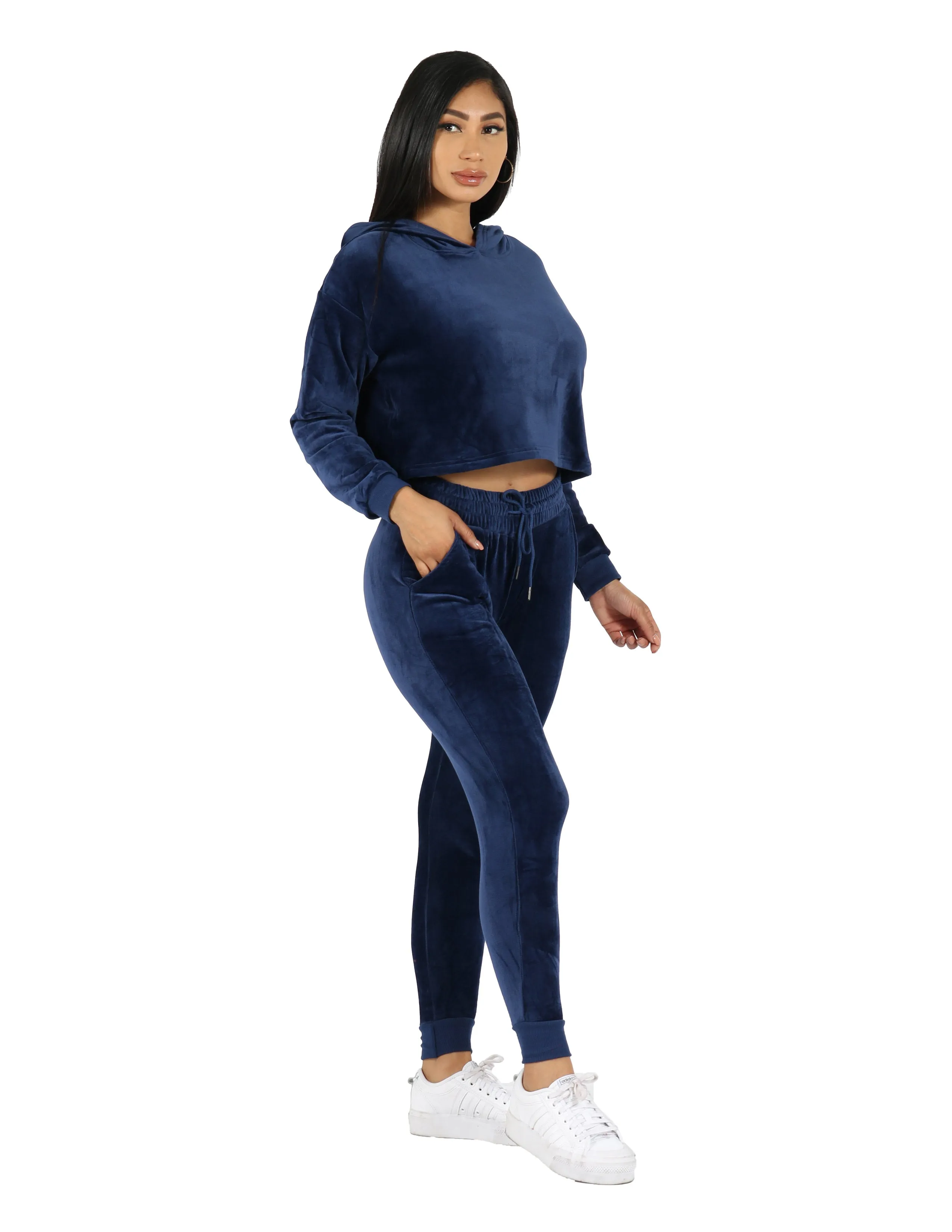 Velour Active Set Hoodie Crop Top and Jogger