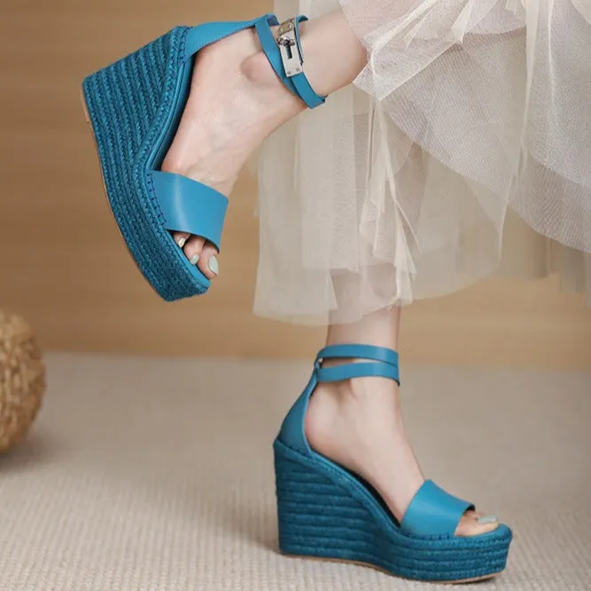 Women buckle strap peep toe espadrille platform wedge sandals