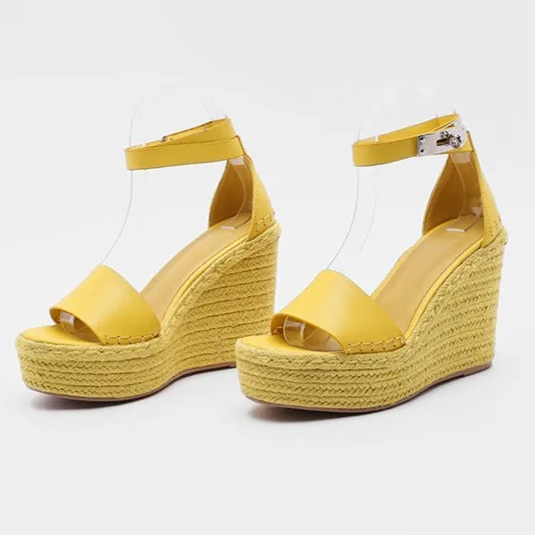 Women buckle strap peep toe espadrille platform wedge sandals