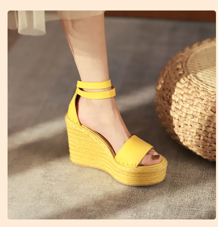 Women buckle strap peep toe espadrille platform wedge sandals