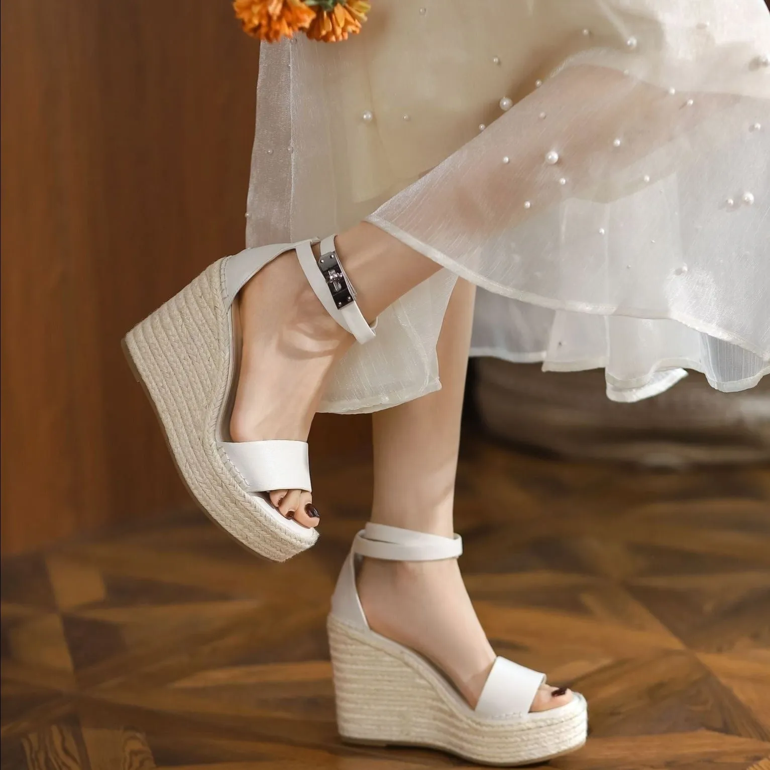 Women buckle strap peep toe espadrille platform wedge sandals