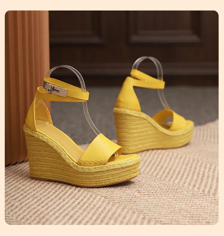 Women buckle strap peep toe espadrille platform wedge sandals