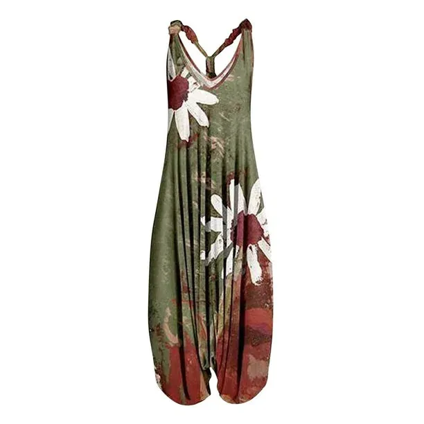 Womens Jumpsuits Casual Boho Print Romper Wide Leg Pleated Playsuit Strappy Sleeveless Onesie Harem Long Pants, Green, Sz L